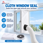 Cloth window seal fitted between an open window and its frame, with a portable air conditioner exhaust hose passing through it.