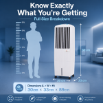 Dimensions diagram of GMC 22 litre air cooler showing height, width and depth measurements
