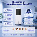 GMC air cooler brand trust graphic showing long-standing reliability, customer satisfaction and local support since 1995