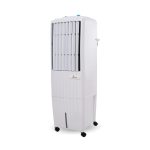Side view of GMC 22 litre air cooler highlighting slim profile, rear water tank access and portable wheels