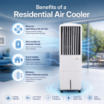 Air cooler features including easy fill system, adjustable louvers, honeycomb cooling pads and easy-roll wheels