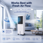 Air cooler setup in well ventilated room showing airflow through open windows for optimal cooling performance