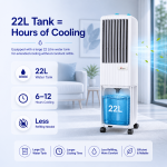 Air cooler with visible 22 litre water tank providing extended cooling time with fewer refills