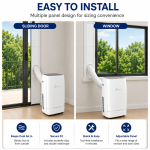 Installation examples showing the GMC portable air conditioner sliding kit fitted to both a sliding door and a sliding window using a single-width adjustable panel system.