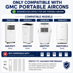 Compatibility guide showing GMC portable air conditioner models supported by the GMC sliding door and window vent kit, including GMCP07Y, GMCP09, GMCP10Y and GMCP12RLC series.