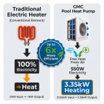 Energy-efficiency comparison showing a GMC pool heat pump using up to six times less electricity.
